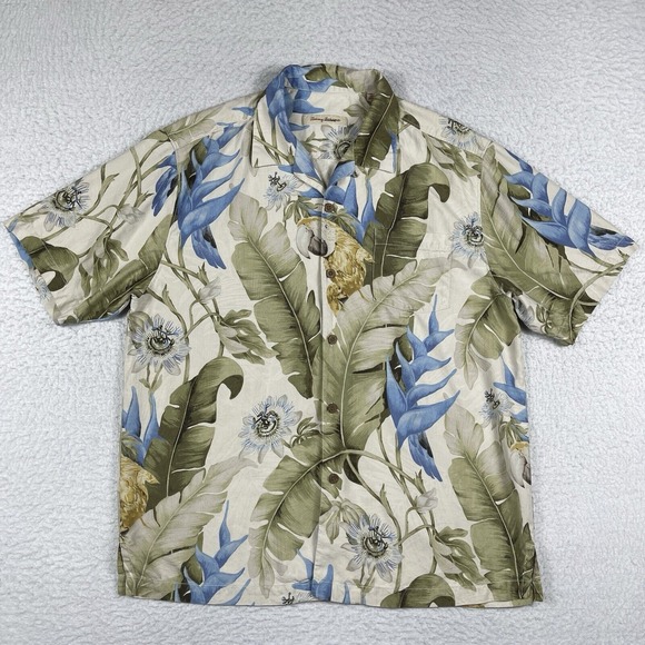 Tommy Bahama Shirt Mens Large Silk‎ Floral Parrot Tropical Loop Collar Cruise - Picture 1 of 11